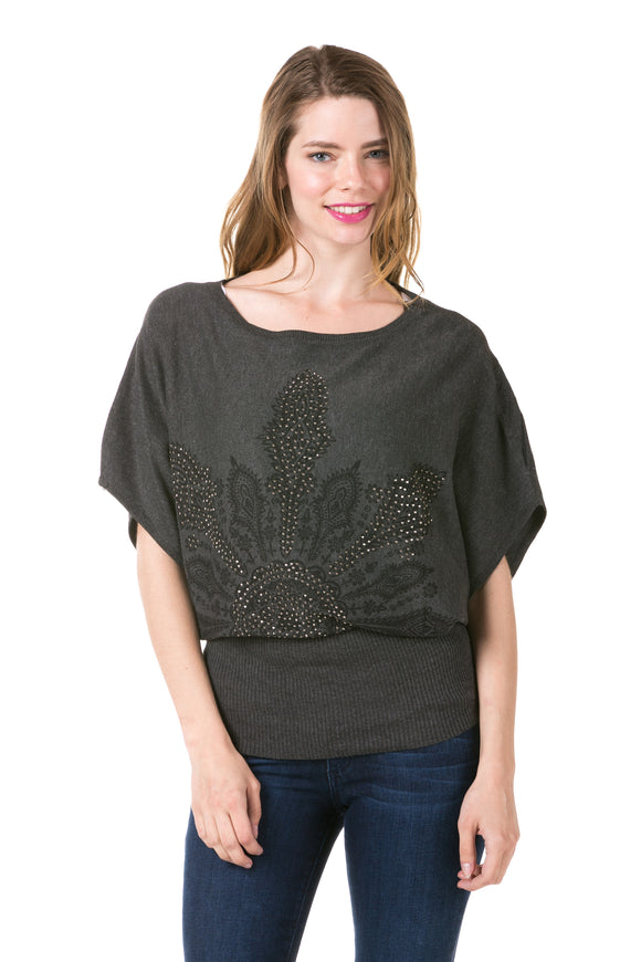 Women's Gray Knitted Stud Embellished Tunic Top (One Size Fits Most)