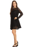 DR-02112 Women's Black Lined Lace Long Sleeves Mini Dress One Size Fits Most