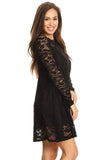 DR-02112 Women's Black Lined Lace Long Sleeves Mini Dress One Size Fits Most