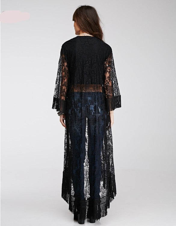 maxi dress with fringe bottom Long Maxi Dress with Fringe on sleeves and Bottom – ShopWayMore