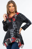 HB-3006 Women's Gray/Red Patchowork Tunic Top with Cowl Neck