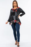 HB-3006 Women's Gray/Red Patchowork Tunic Top with Cowl Neck