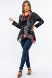 HB-3006 Women's Gray/Red Patchowork Tunic Top with Cowl Neck