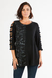 HC-1157 Women's Knit Patchwork Cutout Tunic Top with Round Neck