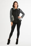 HC-1158 Women's Black/White Faux Suede Knit Patchwork Zip-Up Cardigan Jacket