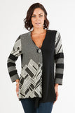 HC-1159 Women's Black/White Geometric Print One-Button Down Cardigan Jacket