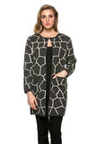 HMT-3975 Women's Charcoal Geometric Print Open Front Cardigan with Pockets
