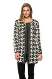 HMT-3977 Women's Charcoal Houndstood Print Knit  Crew Neck Cardigan