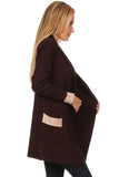 HMT-4013 Women's Knit Color-Block Drapped Neck Cardigan with Pockets