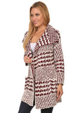 HMT-4017 Women's Fuzzy White/Burgundy Cardigan with Pockets