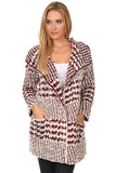 HMT-4017 Women's Fuzzy White/Burgundy Cardigan with Pockets
