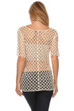 HMT-4032 Beige Crocheted Knit Tunic Top with Short Sleeves
