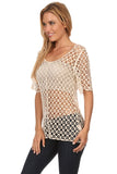HMT-4032 Beige Crocheted Knit Tunic Top with Short Sleeves