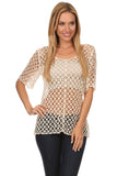 HMT-4032 Beige Crocheted Knit Tunic Top with Short Sleeves