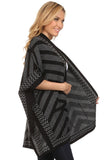 HMT-4034 Black/Gray Chevron-Print Wrap Poncho with Pockets