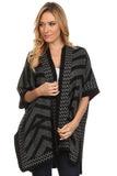 HMT-4034 Black/Gray Chevron-Print Wrap Poncho with Pockets