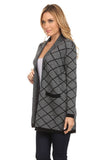 HMT-4035 Black/Gray Geometric Print Open Front Cardigan with Pockets
