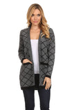 HMT-4035 Black/Gray Geometric Print Open Front Cardigan with Pockets