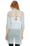 HMT-5066B Women's Blue Short-sleeve Button-up Lace Panel Loose-fit Cardigan