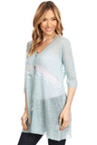 HMT-5066B Women's Blue Short-sleeve Button-up Lace Panel Loose-fit Cardigan