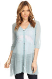 HMT-5066B Women's Blue Short-sleeve Button-up Lace Panel Loose-fit Cardigan
