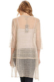 HMT-5067K Women's Khaki Short-sleeve Button-up Long Loose-fit Sheer Knit Cardigan
