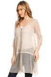 HMT-5067K Women's Khaki Short-sleeve Button-up Long Loose-fit Sheer Knit Cardigan