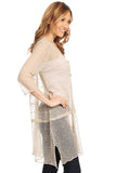 HMT-5067K Women's Khaki Short-sleeve Button-up Long Loose-fit Sheer Knit Cardigan