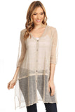 HMT-5067K Women's Khaki Short-sleeve Button-up Long Loose-fit Sheer Knit Cardigan