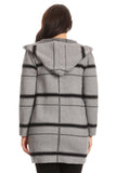 HMT-5082 Women's Black/Gray Plaid Hooded Cardigan Coat with Pockets