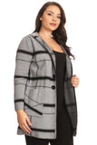HMT-5082 Women's Black/Gray Plaid Hooded Cardigan Coat with Pockets