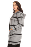 HMT-5082 Women's Black/Gray Plaid Hooded Cardigan Coat with Pockets