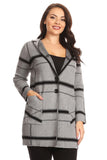 HMT-5082 Women's Black/Gray Plaid Hooded Cardigan Coat with Pockets