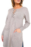 HMT-5095 Women's Knit Lace-Up Long Sleeves Tunic Top with Pockets