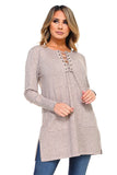 HMT-5095 Women's Knit Lace-Up Long Sleeves Tunic Top with Pockets