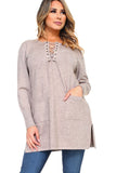 HMT-5095 Women's Knit Lace-Up Long Sleeves Tunic Top with Pockets