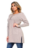 HMT-5095 Women's Knit Lace-Up Long Sleeves Tunic Top with Pockets