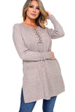 HMT-5095 Women's Knit Lace-Up Long Sleeves Tunic Top with Pockets