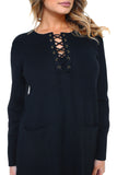 HMT-5095 Women's Knit Lace-Up Long Sleeves Tunic Top with Pockets