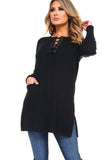 HMT-5095 Women's Knit Lace-Up Long Sleeves Tunic Top with Pockets