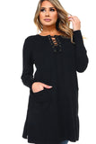 HMT-5095 Women's Knit Lace-Up Long Sleeves Tunic Top with Pockets