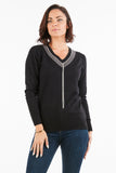 HMT-5125 Women's Black/Gray Knit V-Neck Long Sleeves Cardigan Sweater