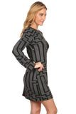 HSG-1603 Women's Black/Gray Long Sleeve Bodycon Tunic Dress