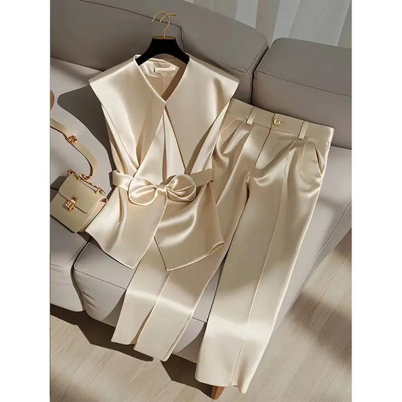 Satin Celebrity-Inspired Two-Piece Set - Peter Pan Collar Bow Sleeveless Vest & High-Waist Wide-Leg Pants