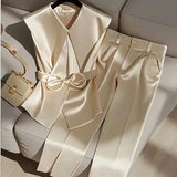 Satin Celebrity-Inspired Two-Piece Set - Peter Pan Collar Bow Sleeveless Vest & High-Waist Wide-Leg Pants