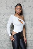 One Sleeve Cut Out Stretch Bodysuit Top