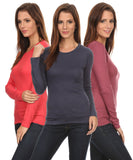 3 Pack Women's Long Sleeve Shirt Crew Neck Slim