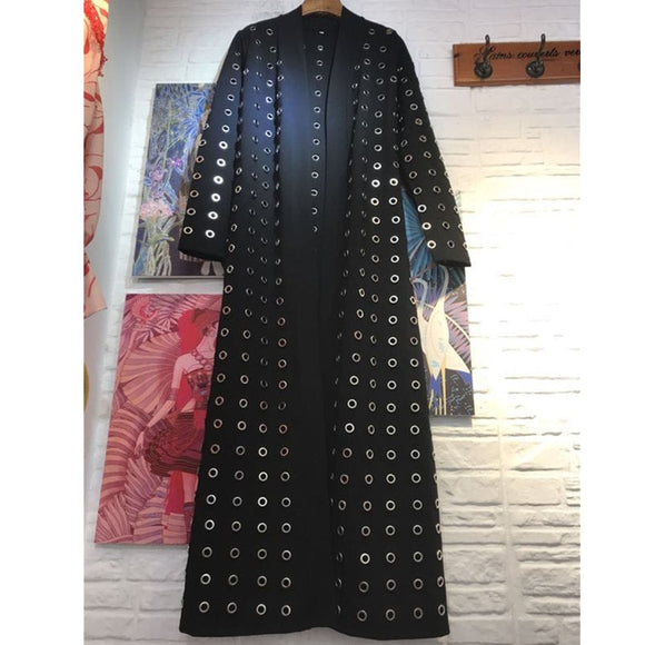 High Quality Slim Hollow out Cardigan Long Trench coat Women Vintage Long sleeve Black Windbreaker With Belt Outerwear Female