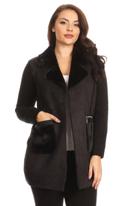 Women's Faux Fur/Suede Open Front Cardigan with Pockets