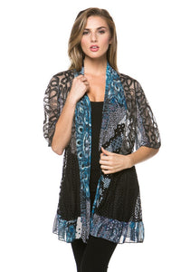 Women's 3/4 Flare Sleeve Sheer Print Casual Kimono Cardigan Cover Up Blouse Top - ShopWayMore